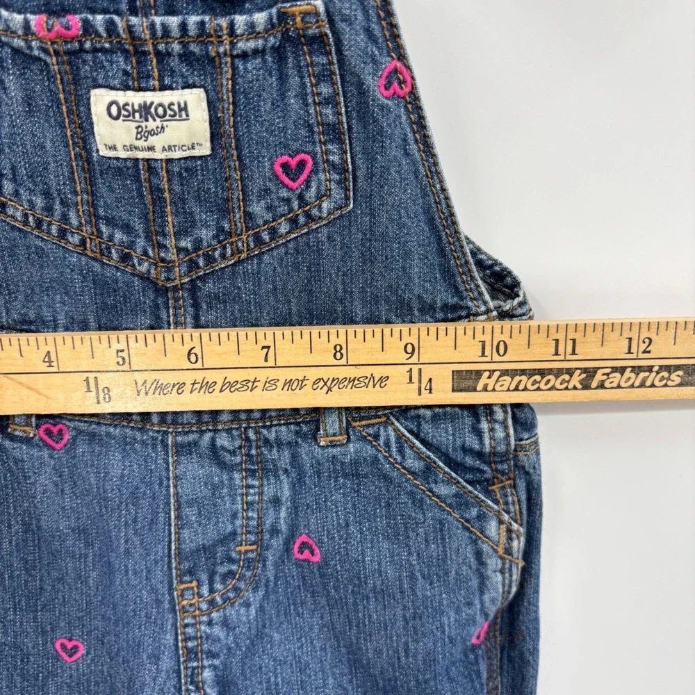 OshKosh B'gosh Heart Denim Overalls Kids 3T Blue Pink Embroidered Bib Dungarees